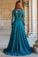 Load image into Gallery viewer, Peacock Blue Round Neck Chiffon A-Line Long Mother of the Bride Dress with Lace