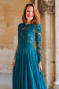 Load image into Gallery viewer, Peacock Blue Round Neck Chiffon A-Line Long Mother of the Bride Dress with Lace