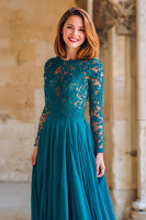 Load image into Gallery viewer, Peacock Blue Round Neck Chiffon A-Line Long Mother of the Bride Dress with Lace