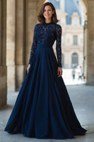 Load image into Gallery viewer, Navy High Neck Long Sleeves Chiffon A-Line Long Mother of the Bride Dress with Lace