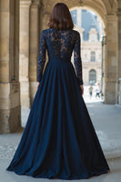 Load image into Gallery viewer, Navy High Neck Long Sleeves Chiffon A-Line Long Mother of the Bride Dress with Lace