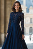 Load image into Gallery viewer, Navy High Neck Long Sleeves Chiffon A-Line Long Mother of the Bride Dress with Lace