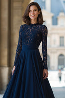 Load image into Gallery viewer, Navy High Neck Long Sleeves Chiffon A-Line Long Mother of the Bride Dress with Lace