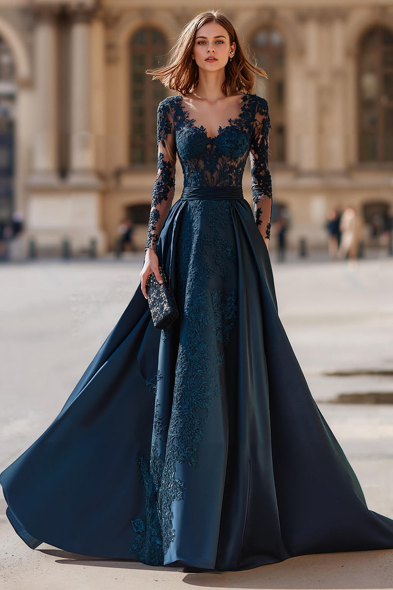 Load image into Gallery viewer, Navy V-Neck Long Sleeves A-Line Long Mother of the Bride Dress with Lace