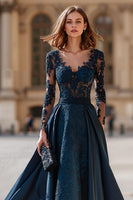 Load image into Gallery viewer, Navy V-Neck Long Sleeves A-Line Long Mother of the Bride Dress with Lace