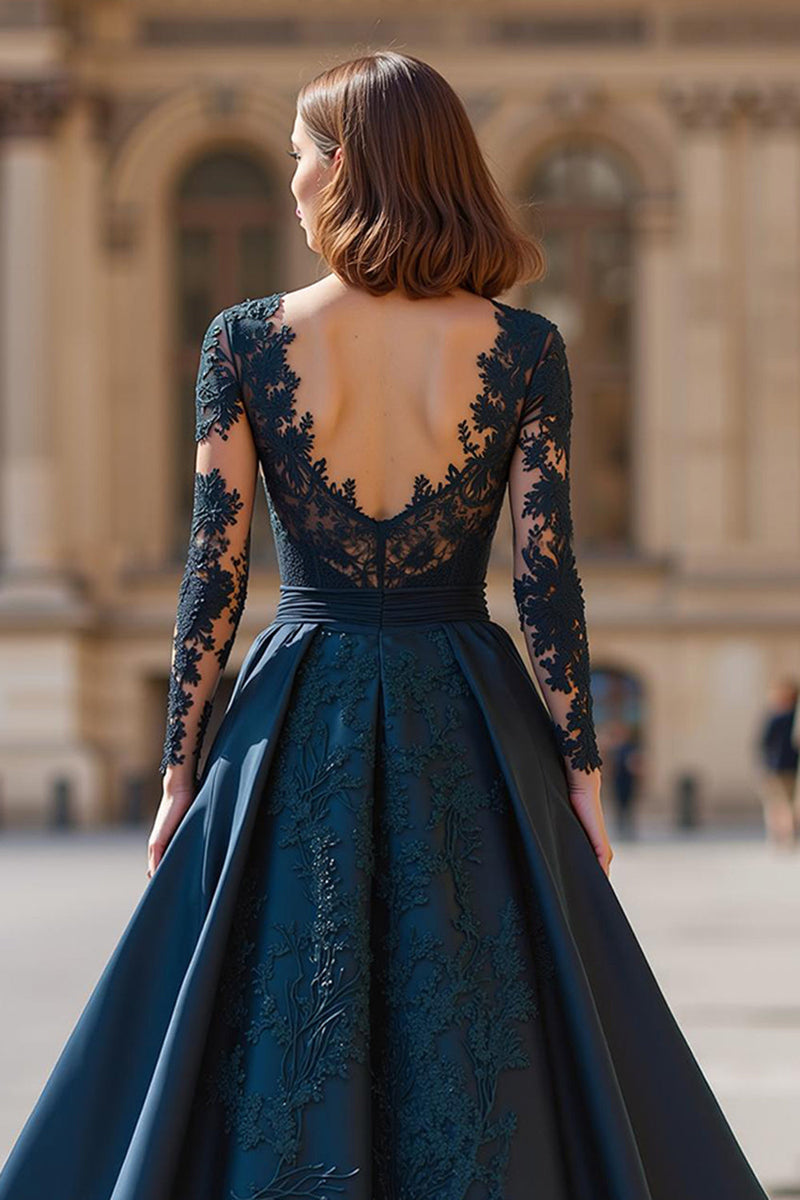 Load image into Gallery viewer, Navy V-Neck Long Sleeves A-Line Long Mother of the Bride Dress with Lace
