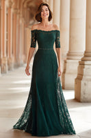 Load image into Gallery viewer, Dark Green Off the Shoulder Lace A-Line Long Mother of the Bride Dress with Sleeves