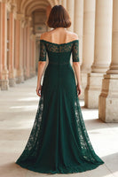 Load image into Gallery viewer, Dark Green Off the Shoulder Lace A-Line Long Mother of the Bride Dress with Sleeves