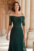 Load image into Gallery viewer, Dark Green Off the Shoulder Lace A-Line Long Mother of the Bride Dress with Sleeves