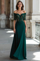 Load image into Gallery viewer, Dark Green Off the Shoulder Chiffon Sheath Long Mother of the Bride Dress with Lace