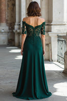 Load image into Gallery viewer, Dark Green Off the Shoulder Chiffon Sheath Long Mother of the Bride Dress with Lace