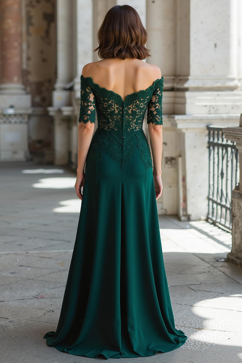 Load image into Gallery viewer, Dark Green Off the Shoulder Chiffon Sheath Long Mother of the Bride Dress with Lace
