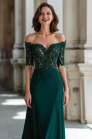 Load image into Gallery viewer, Dark Green Off the Shoulder Chiffon Sheath Long Mother of the Bride Dress with Lace