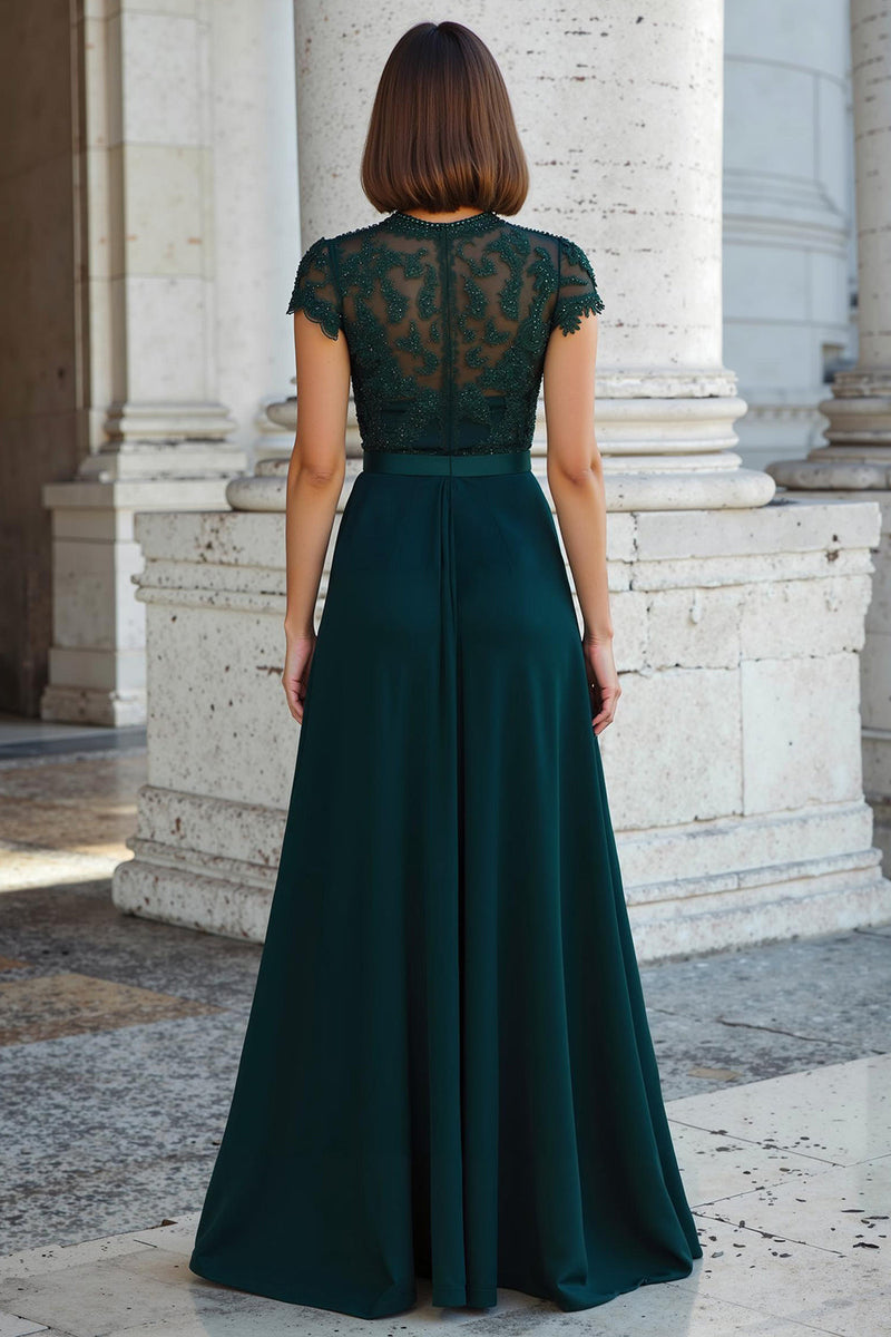 Load image into Gallery viewer, Peacock Green Round Neck Chiffon A-Line Long Mother of the Bride Dress with Beading