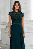 Load image into Gallery viewer, Peacock Green Round Neck Chiffon A-Line Long Mother of the Bride Dress with Beading