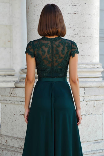 Peacock Green Round Neck Chiffon A-Line Long Mother of the Bride Dress with Beading