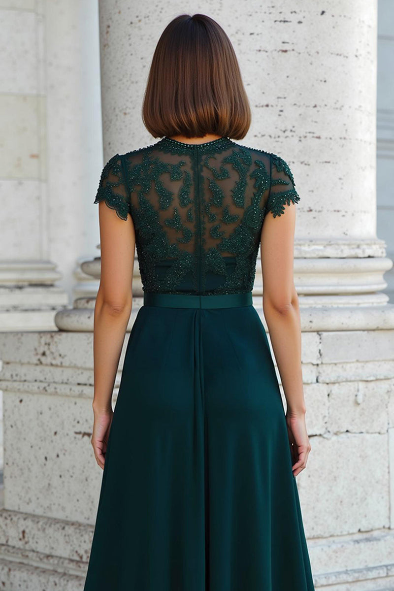 Load image into Gallery viewer, Peacock Green Round Neck Chiffon A-Line Long Mother of the Bride Dress with Beading