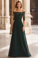 Load image into Gallery viewer, Pine Green Off the Shoulder Chiffon A-Line Long Mother of the Bride Dress with Lace