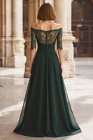 Load image into Gallery viewer, Pine Green Off the Shoulder Chiffon A-Line Long Mother of the Bride Dress with Lace