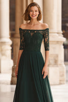 Load image into Gallery viewer, Pine Green Off the Shoulder Chiffon A-Line Long Mother of the Bride Dress with Lace