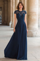 Load image into Gallery viewer, Navy Chiffon Round Neck A-Line Long Mother of the Bride Dress with Lace