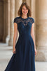 Load image into Gallery viewer, Navy Chiffon Round Neck A-Line Long Mother of the Bride Dress with Lace