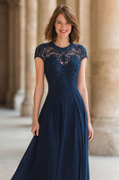 Load image into Gallery viewer, Navy Chiffon Round Neck A-Line Long Mother of the Bride Dress with Lace