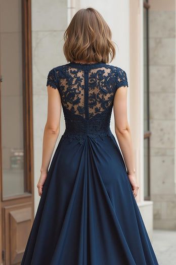 Navy A-Line Chiffon Round Neck Long Mother of the Bride Dress with Lace
