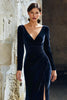 Load image into Gallery viewer, Navy V-Neck Mermaid Velvet Long Mother of the Bride Dress with Sleeves