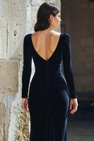 Load image into Gallery viewer, Navy V-Neck Mermaid Velvet Long Mother of the Bride Dress with Sleeves