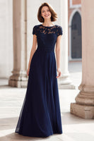 Load image into Gallery viewer, Navy Round Neck Chiffon A-Line Long Mother of the Bride Dress with Appliques
