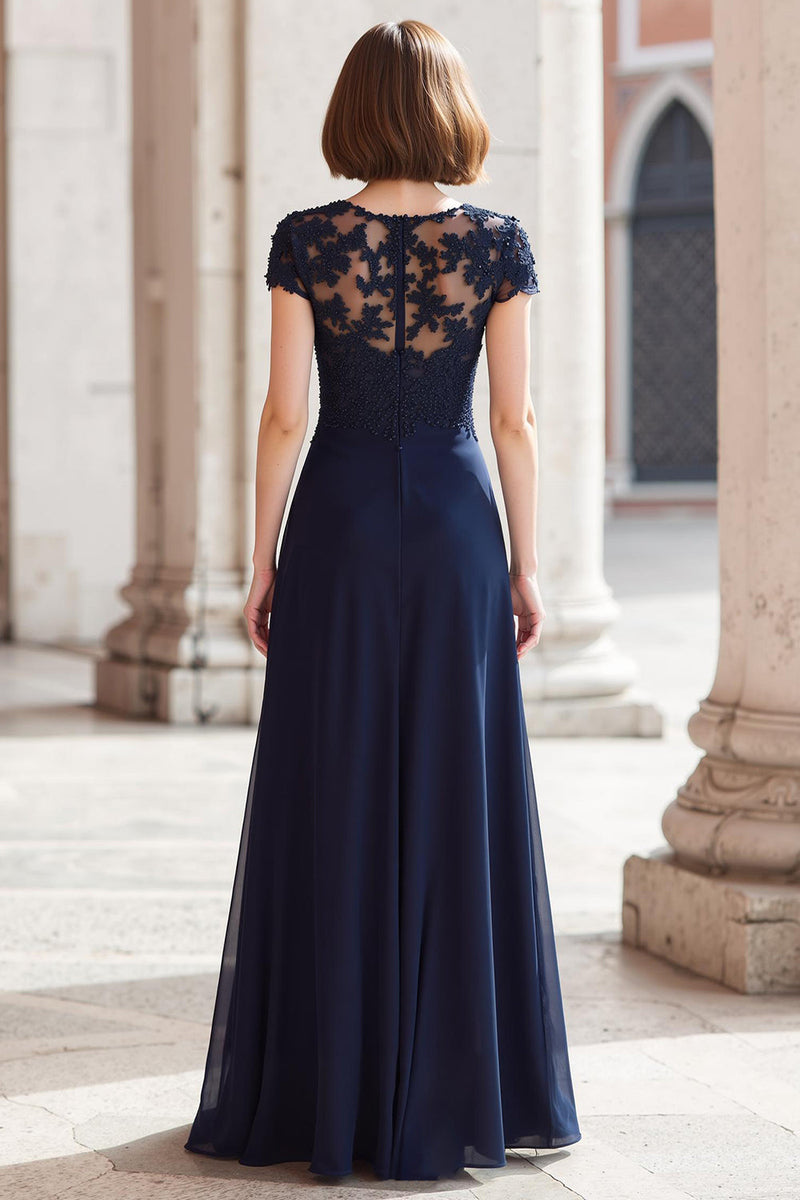 Load image into Gallery viewer, Navy Round Neck Chiffon A-Line Long Mother of the Bride Dress with Appliques