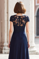 Load image into Gallery viewer, Navy Round Neck Chiffon A-Line Long Mother of the Bride Dress with Appliques