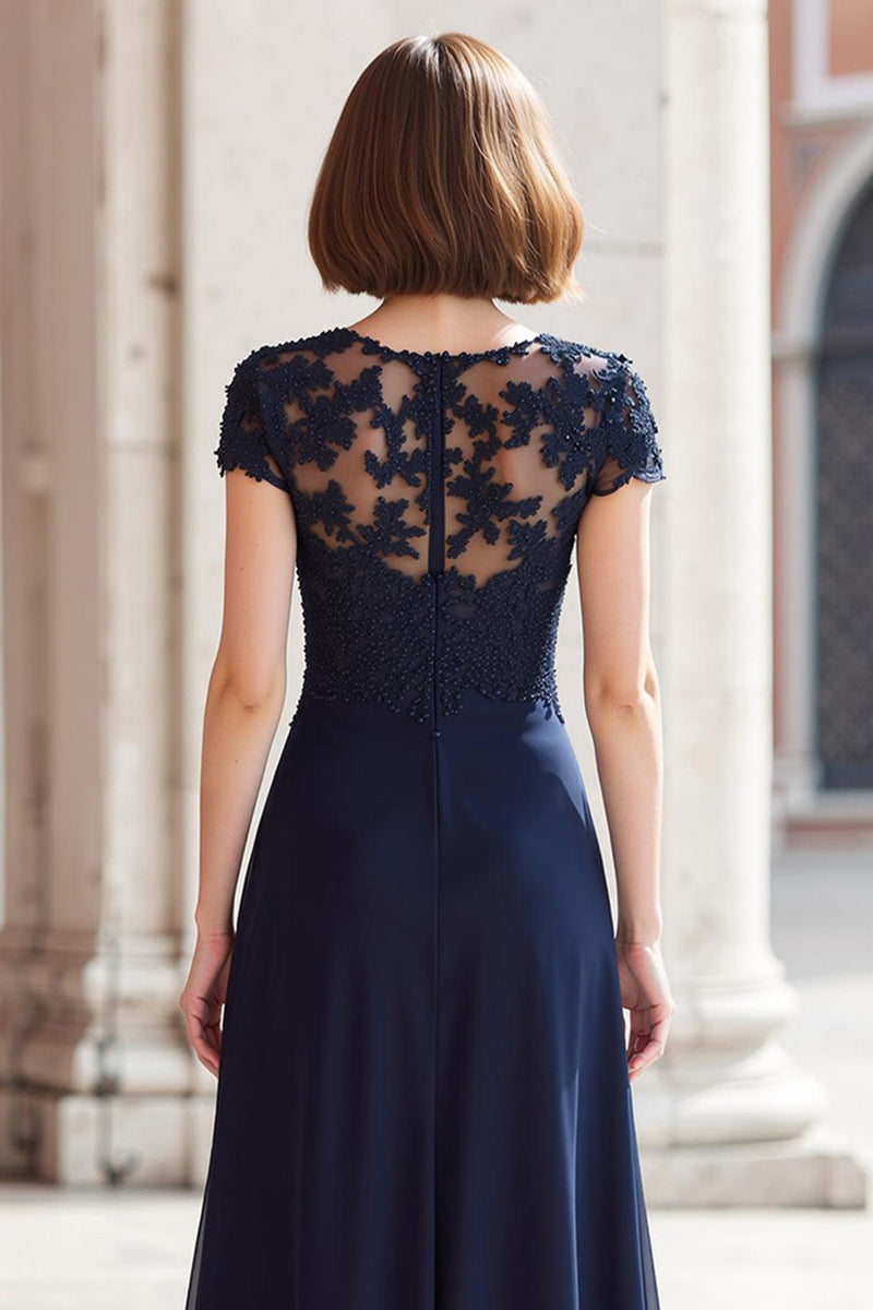 Load image into Gallery viewer, Navy Round Neck Chiffon A-Line Long Mother of the Bride Dress with Appliques