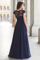 Load image into Gallery viewer, Navy Chiffon Boat Neck A-Line Long Mother of the Bride Dress with Appliques