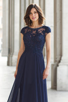 Load image into Gallery viewer, Navy Chiffon Boat Neck A-Line Long Mother of the Bride Dress with Appliques