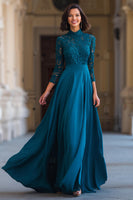 Load image into Gallery viewer, Peacock Blue Chiffon A-Line High Neck Long Mother of the Bride Dress with Lace