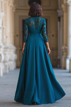 Peacock Blue Chiffon A-Line High Neck Long Mother of the Bride Dress with Lace