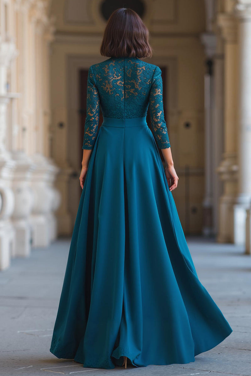 Load image into Gallery viewer, Peacock Blue Chiffon A-Line High Neck Long Mother of the Bride Dress with Lace