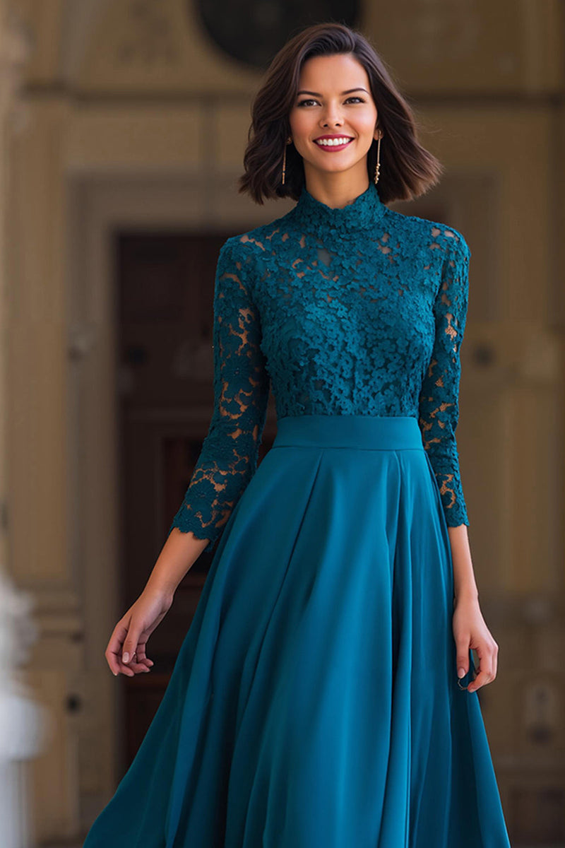 Load image into Gallery viewer, Peacock Blue Chiffon A-Line High Neck Long Mother of the Bride Dress with Lace
