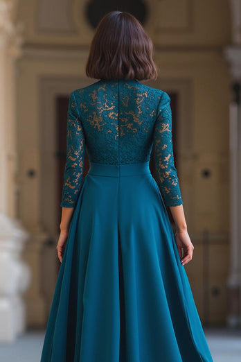 Peacock Blue Chiffon A-Line High Neck Long Mother of the Bride Dress with Lace