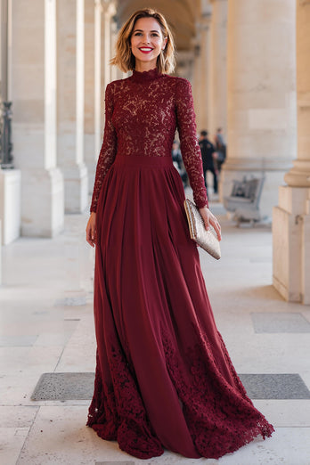 Burgundy Chiffon A-Line High Neck Long Mother of the Bride Dress with Lace