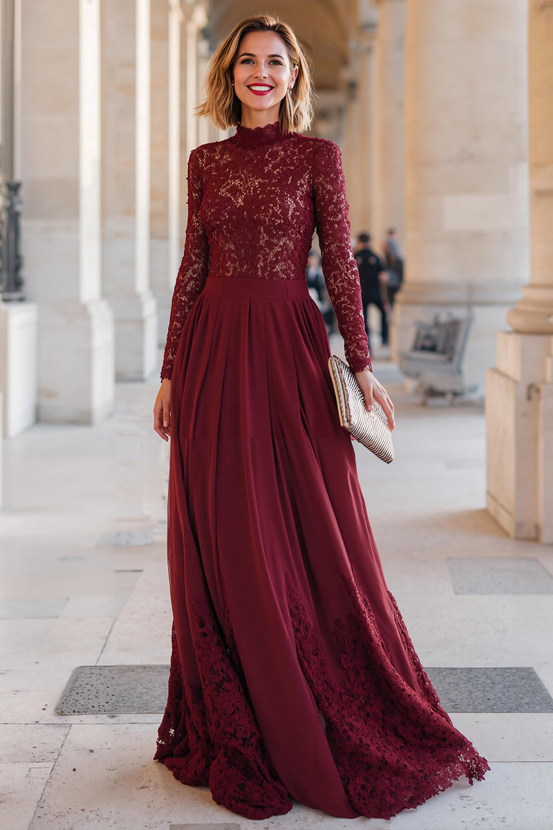Load image into Gallery viewer, Burgundy Chiffon A-Line High Neck Long Mother of the Bride Dress with Lace