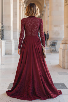 Burgundy Chiffon A-Line High Neck Long Mother of the Bride Dress with Lace