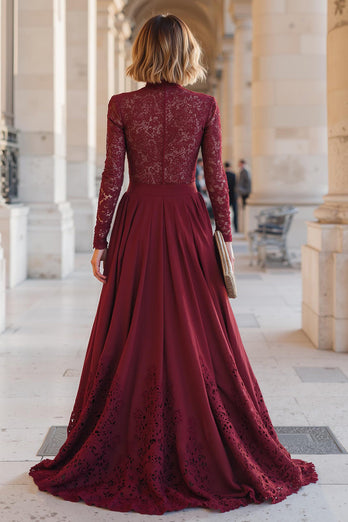 Burgundy Chiffon A-Line High Neck Long Mother of the Bride Dress with Lace