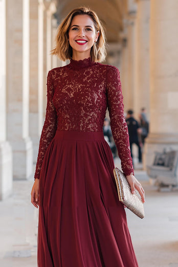 Burgundy Chiffon A-Line High Neck Long Mother of the Bride Dress with Lace