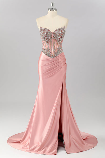 Sparkly Blush Strapless Corset Mermaid Long Formal Dress with Slit