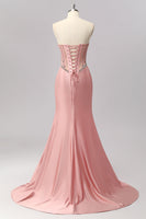 Load image into Gallery viewer, Sparkly Blush Strapless Corset Mermaid Long Formal Dress with Slit