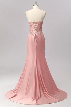 Sparkly Blush Strapless Corset Mermaid Long Formal Dress with Slit