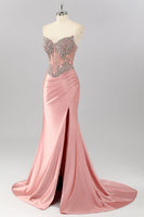 Load image into Gallery viewer, Sparkly Blush Strapless Corset Mermaid Long Formal Dress with Slit